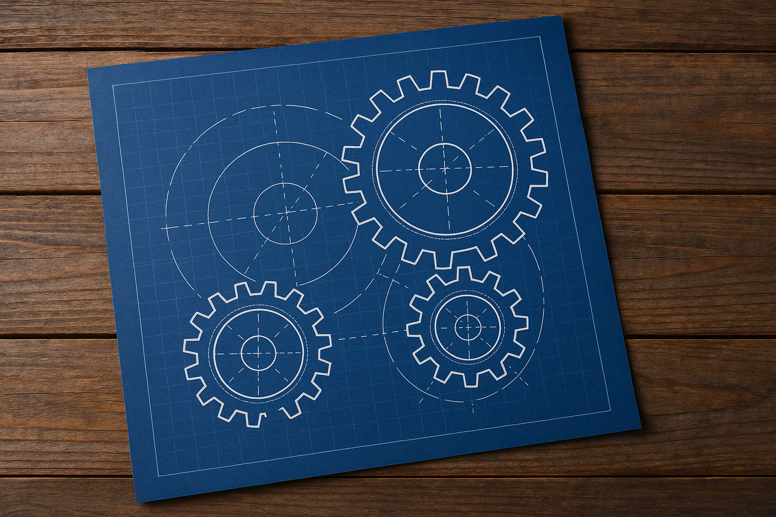 Blueprints showing gears on a wooden table. Image generated with Copilot.